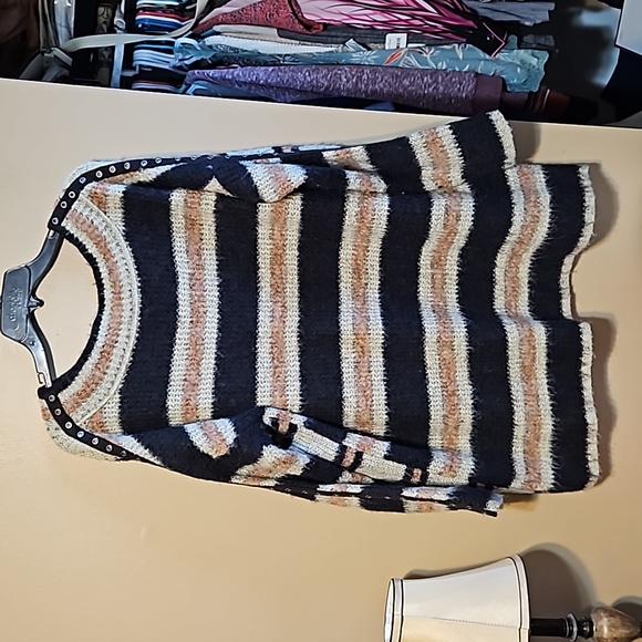 Free People Rock & Roll Oversized Boho Black & Tan Sweater Size Small - Picture 6 of 12